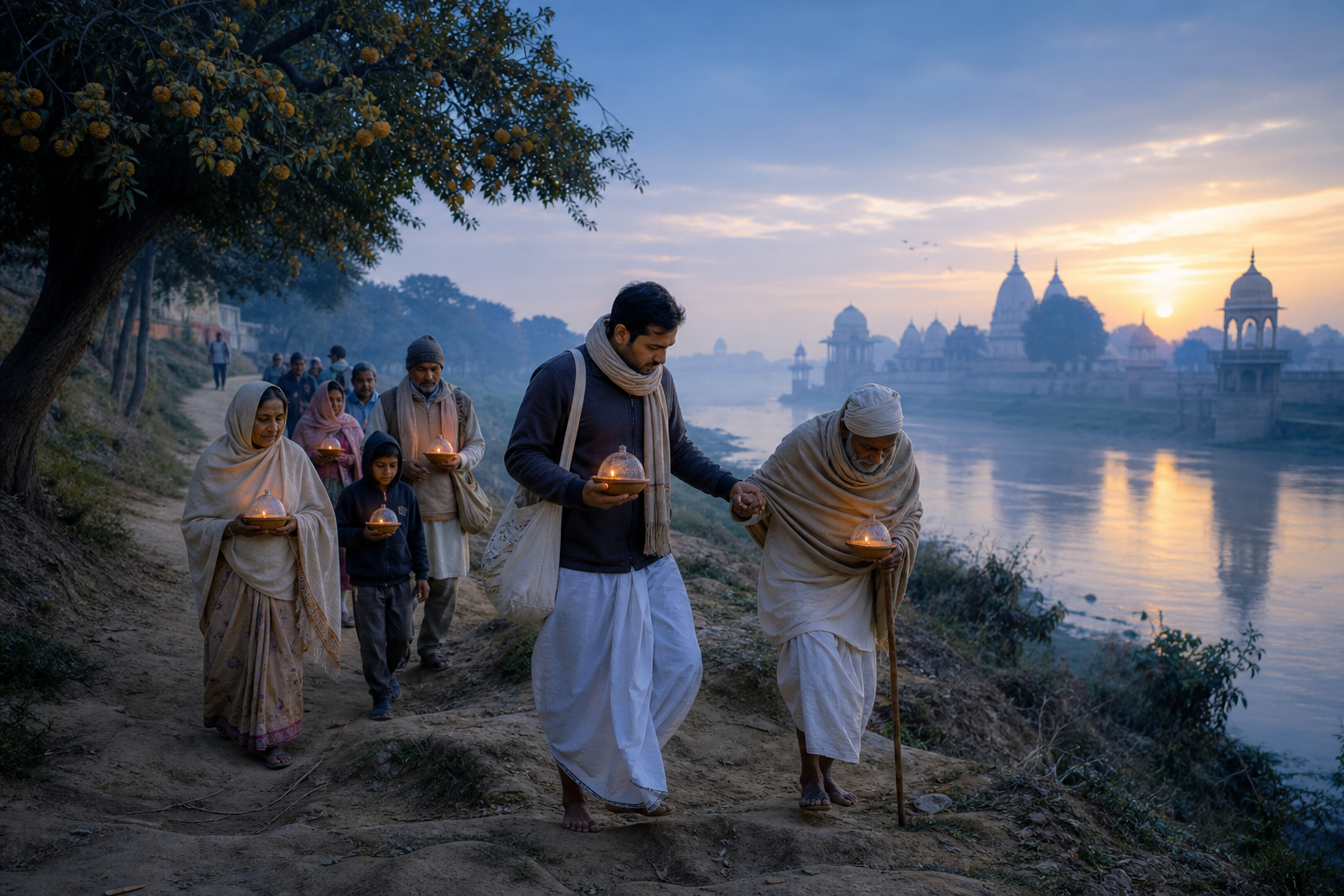 Devotees carrying clay lamps walk beside the Yamuna at dawn while one pilgrim helps an older companion along the path.