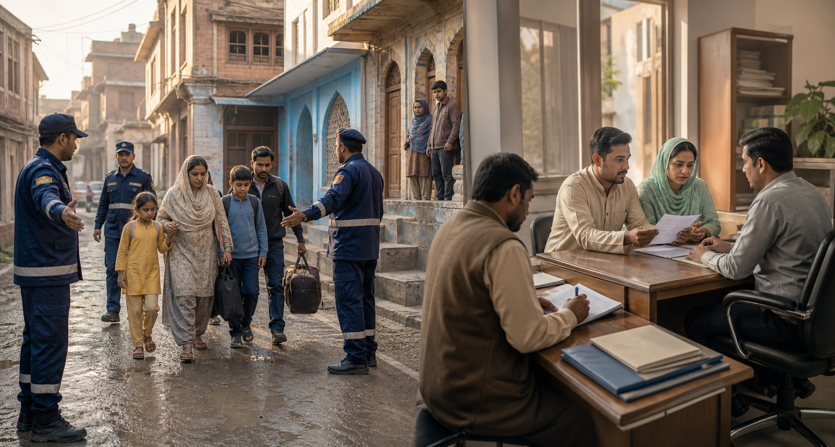 A split scene shows responders guiding a family to safety and community representatives bringing documents to a public official.