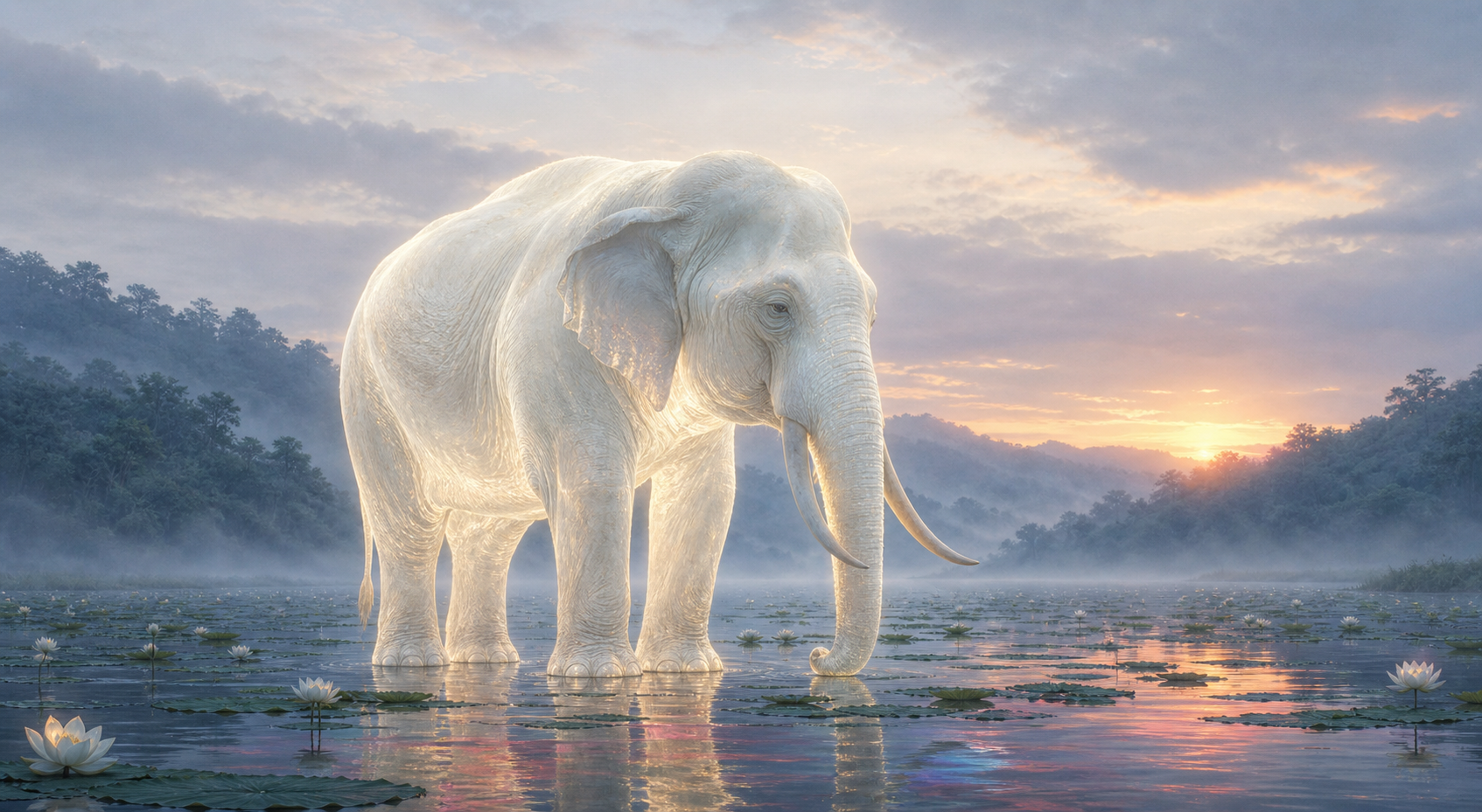 A strong white elephant stands in a misty lotus pond as colored reflections fade beneath the light of dawn.