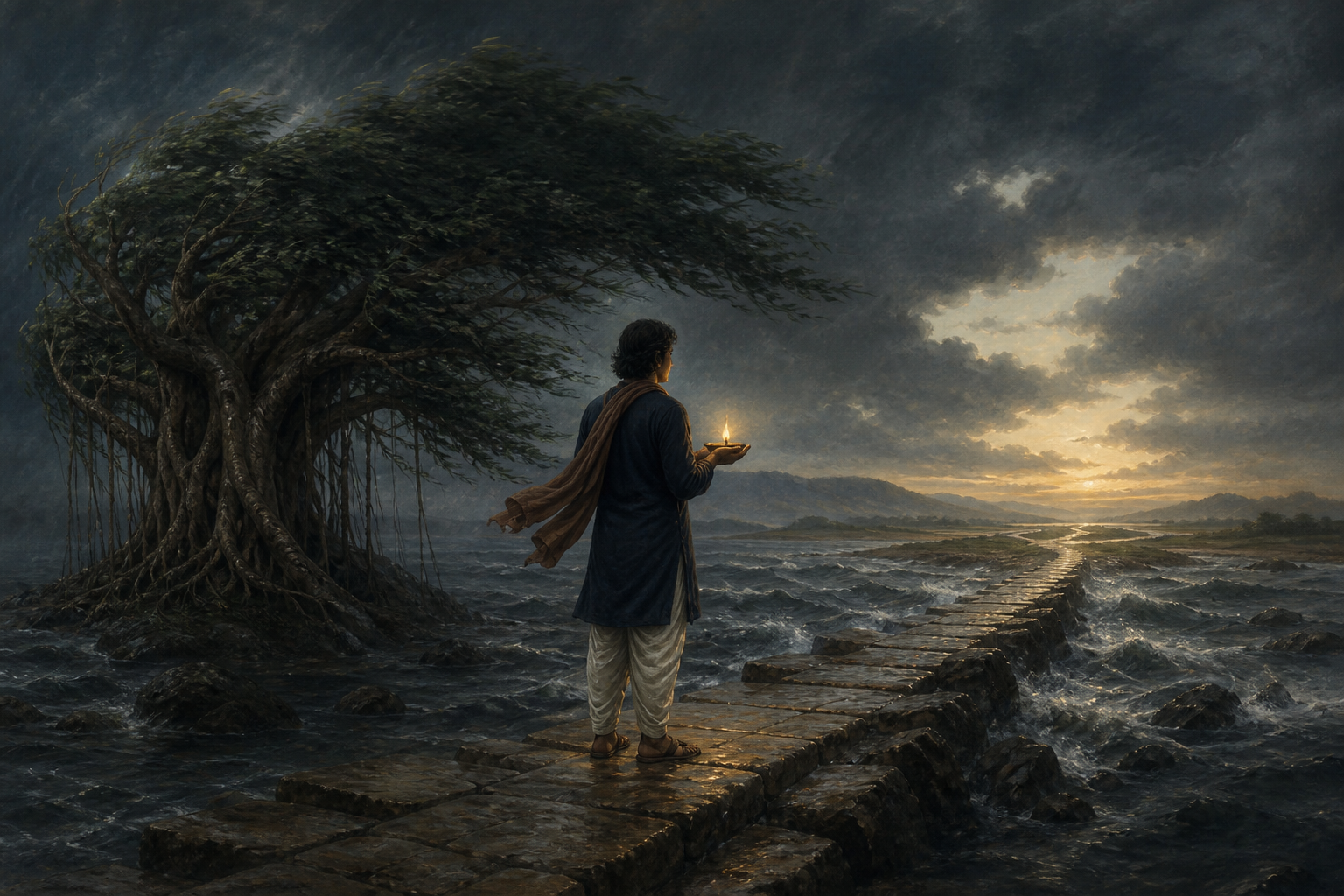 An adult protects a small oil lamp while standing on a stone path beside a wind-bent banyan tree as a monsoon storm clears in the distance.