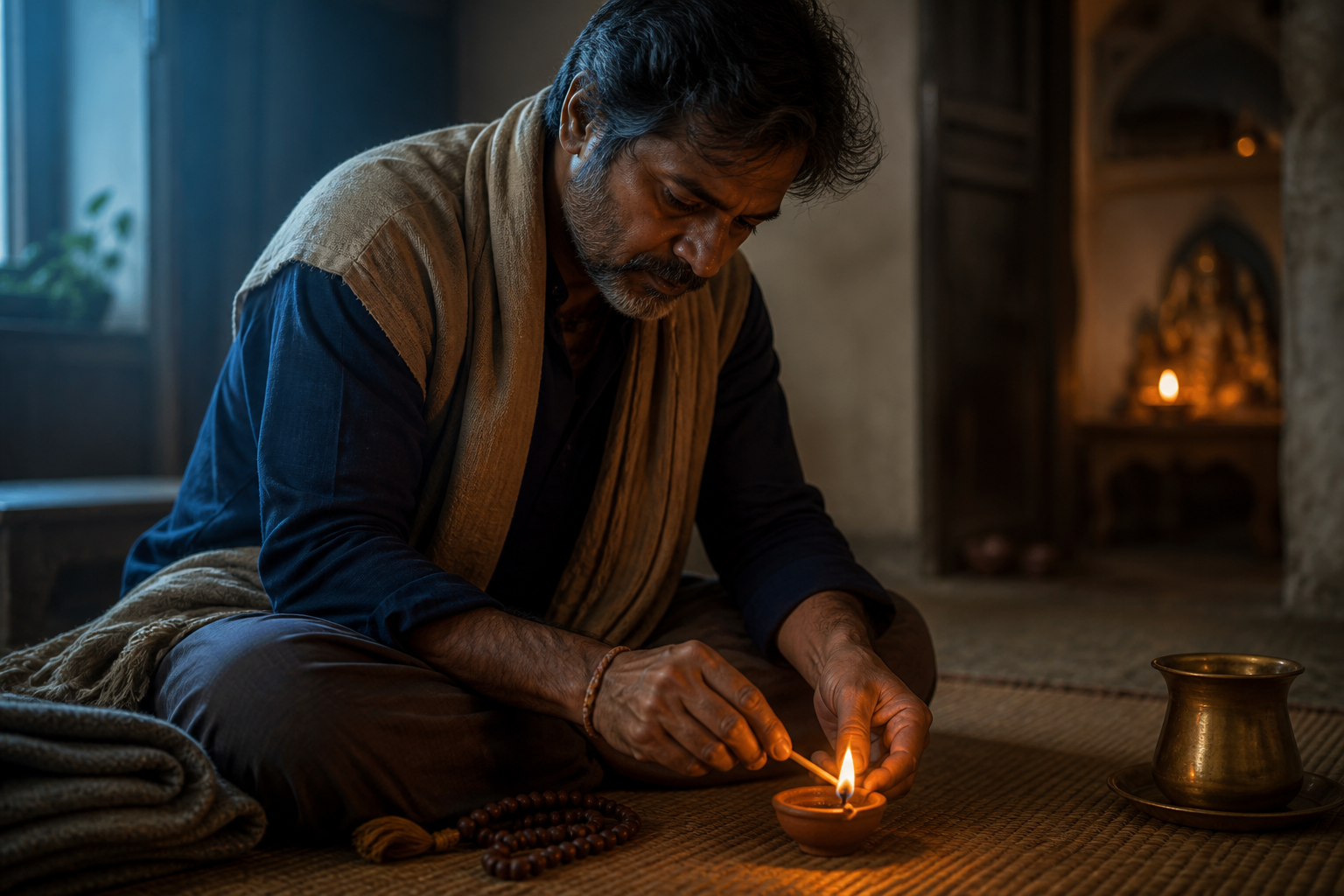 A seated devotee lights a single clay lamp in a modest home prayer space during the early morning.