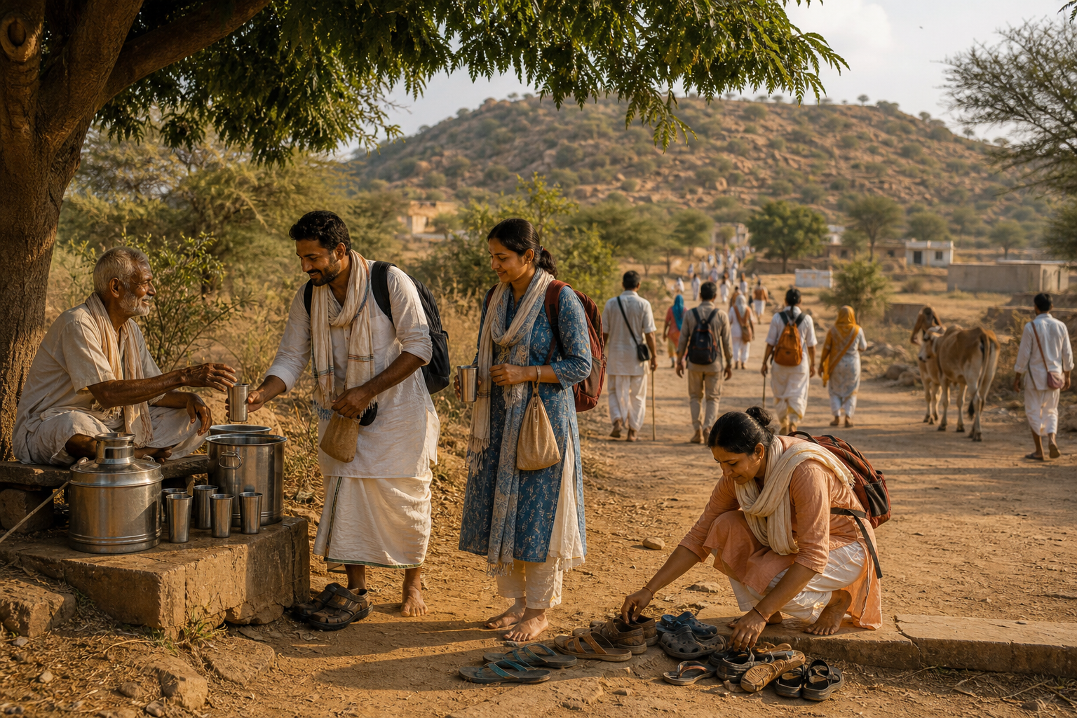 Pilgrims pause at a shaded water station along the Govardhan path to refill cups and help keep the walking area orderly.