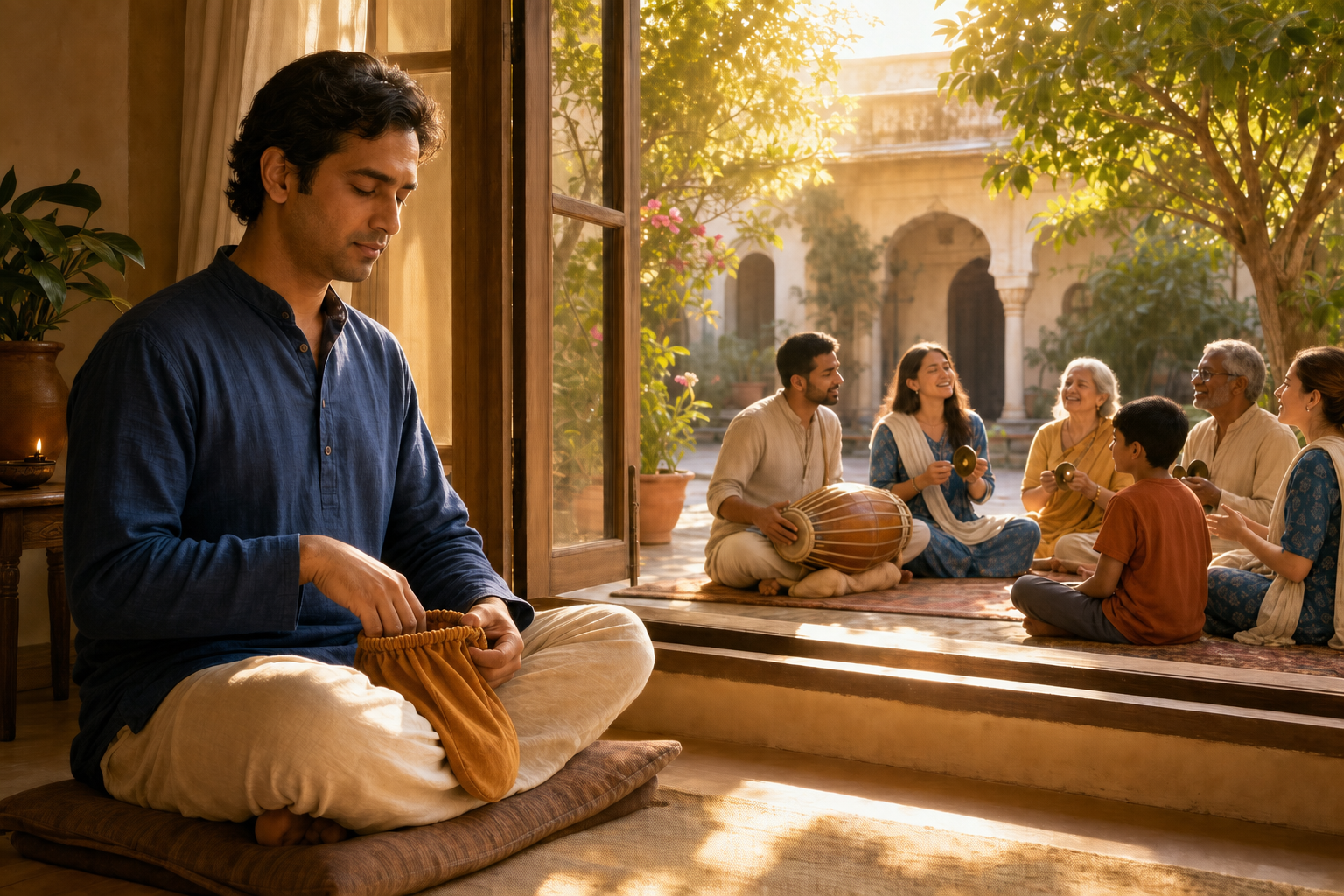 A practitioner chants privately with prayer beads near an open window while a multigenerational group holds a kirtan in the adjoining courtyard.