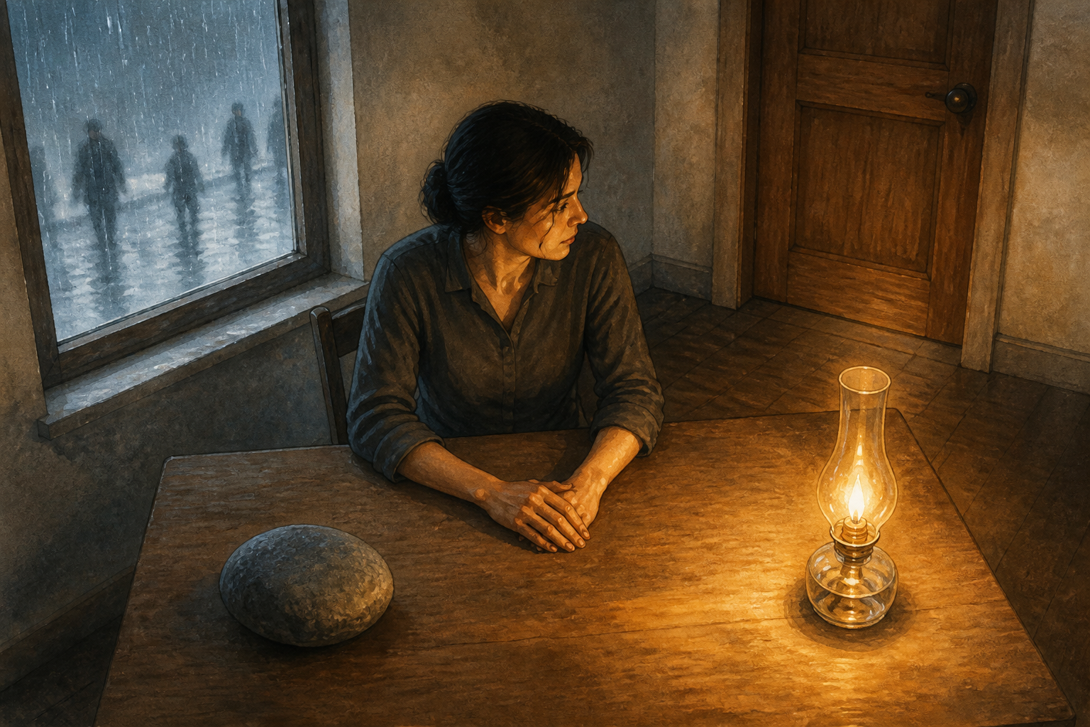 A seated adult pauses at a wooden table between a river stone and a glass lamp, with rain at the window and a closed door in the background.