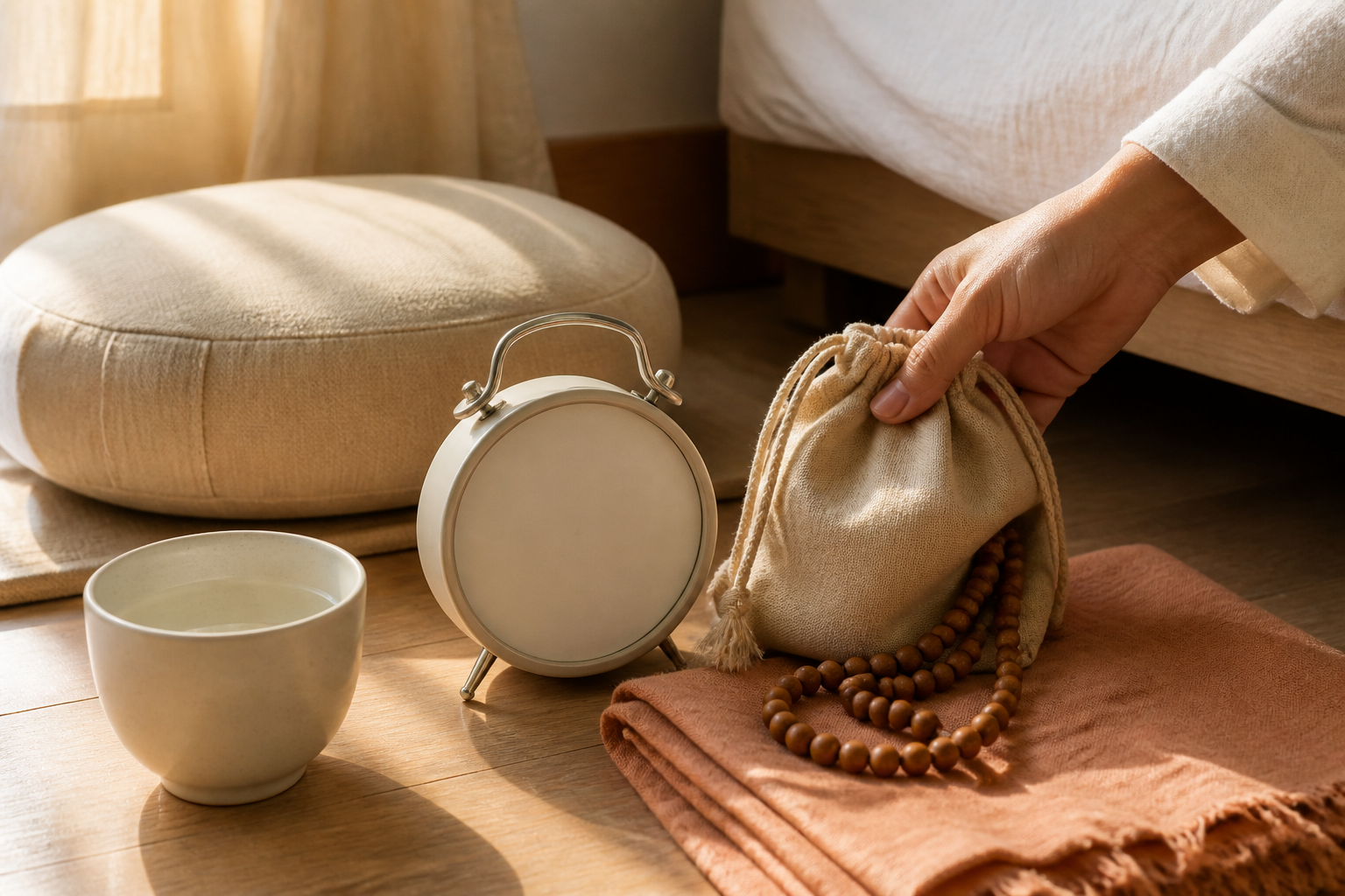 A hand reaches for a prayer-bead bag beside a meditation cushion in a sunlit morning practice corner.