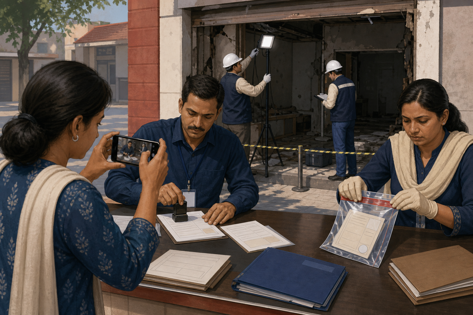 A community advocate observes as officials issue a receipt, secure evidence, and document safety measures at a municipal office.