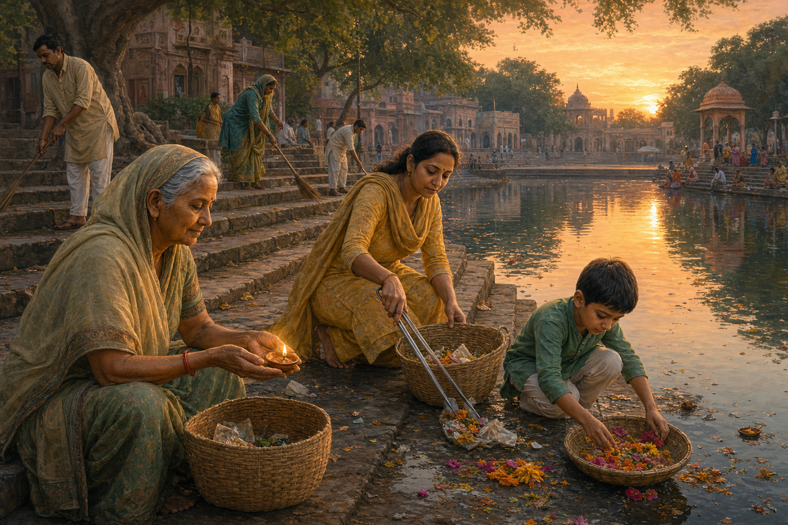 An older woman, an adult, and a child care for the steps beside a Braj kund while a clay lamp glows near the water.