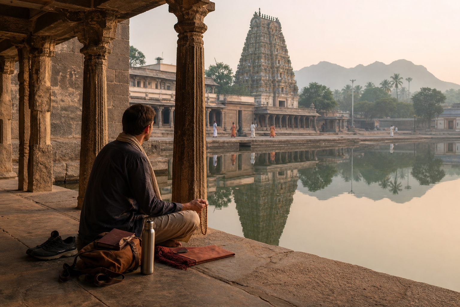 A traveler rests quietly beside a temple tank at sunrise while a few worshippers cross the distant courtyard.