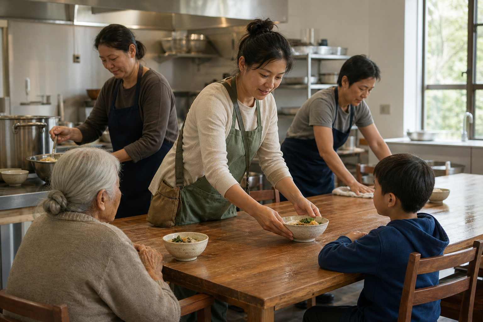 A calm practitioner volunteers with others to serve bowls of food in a bright community kitchen after chanting.
