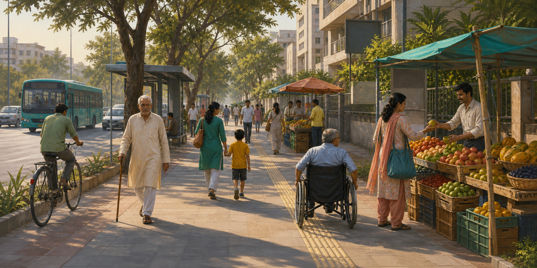 Pedestrians, including a wheelchair user, move along a clear footpath beside compact street-vendor bays in an Indian city.