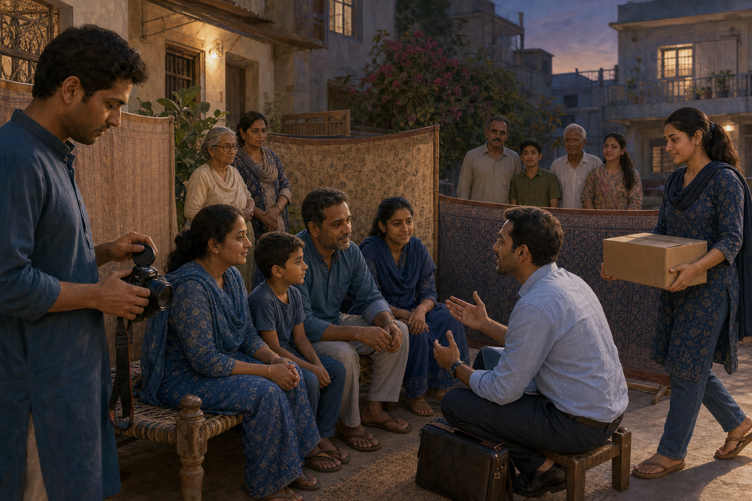 Volunteers provide private, practical, and legal support to a family in a South Asian neighborhood courtyard.