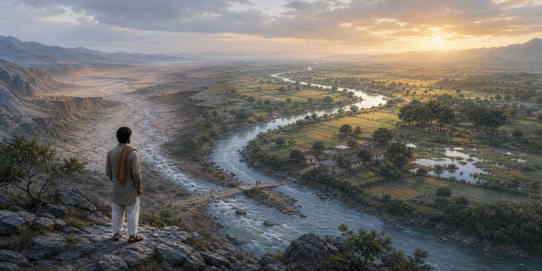 An adult overlooks a wide river valley where one channel ends in an eroded basin and another winds through farms, wetlands, homes, and trees.