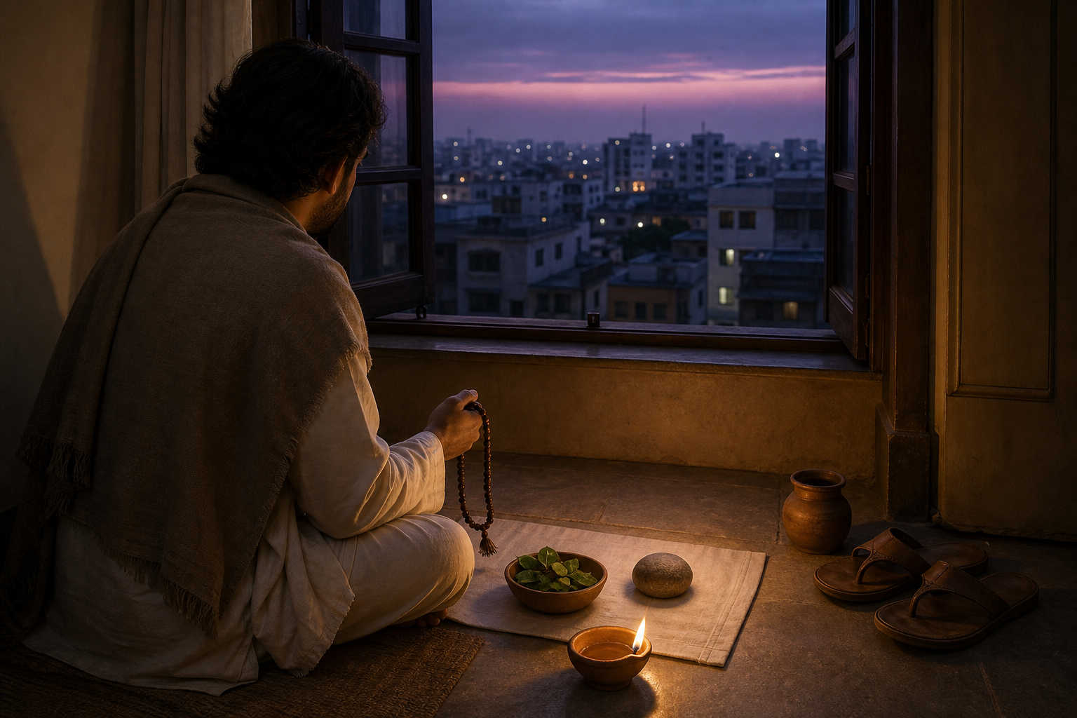 A devotee observes Kartik beside a clay lamp and simple devotional objects in an urban home at twilight.