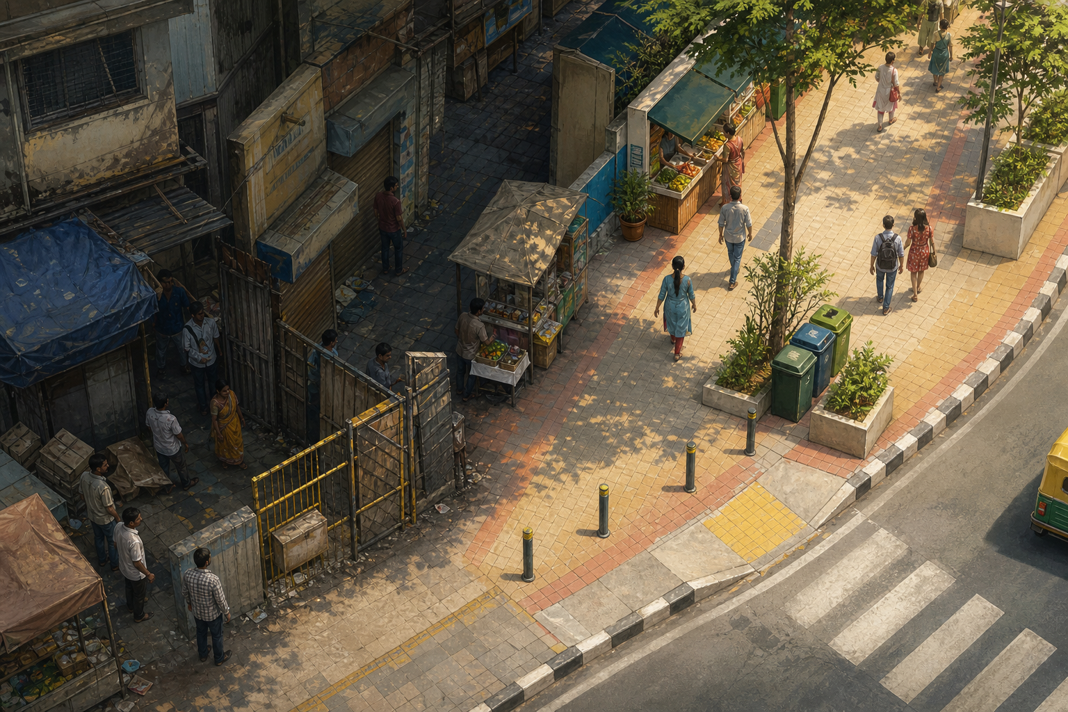 An overhead view contrasts a congested, uncertain footpath arrangement with an orderly path, vending bays, waste bins, and an accessible crossing.