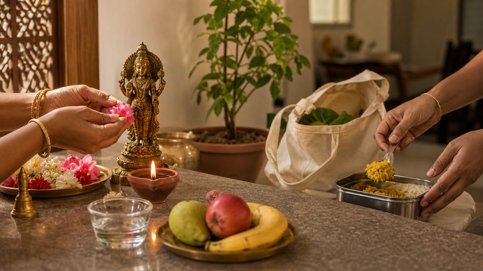 A home altar with a brass murti, lit clay lamp, flowers, water, and fruit beside hands preparing food in a reusable container near a potted sapling.