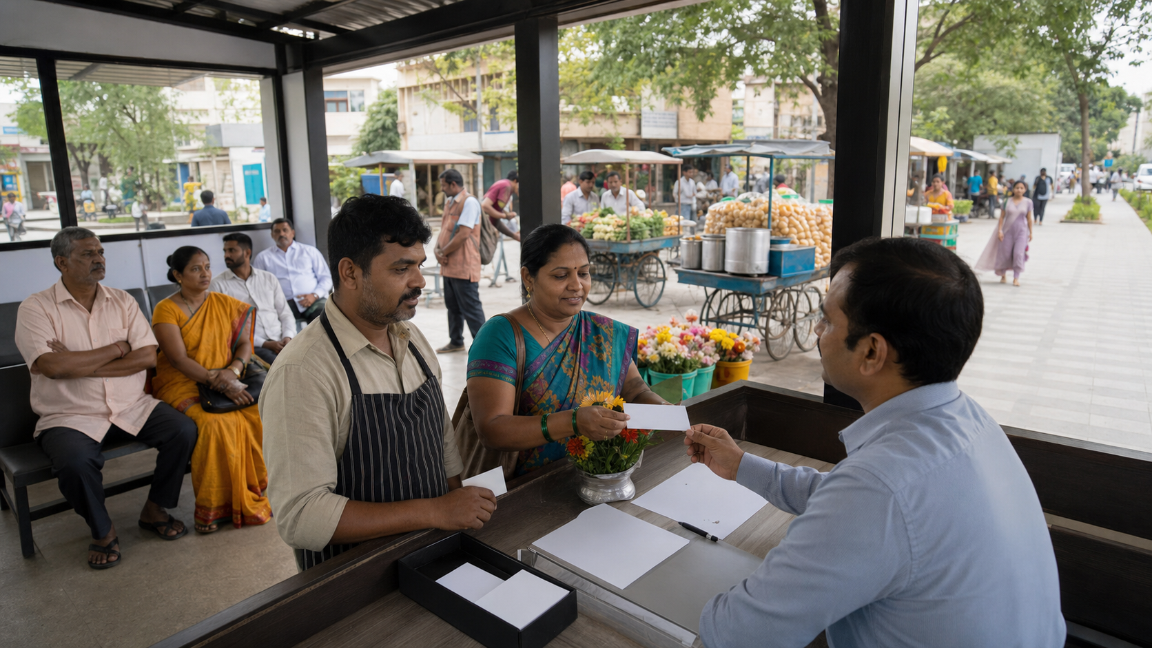 Street vendors complete a permit process at an open municipal counter while organized market activity continues outside.