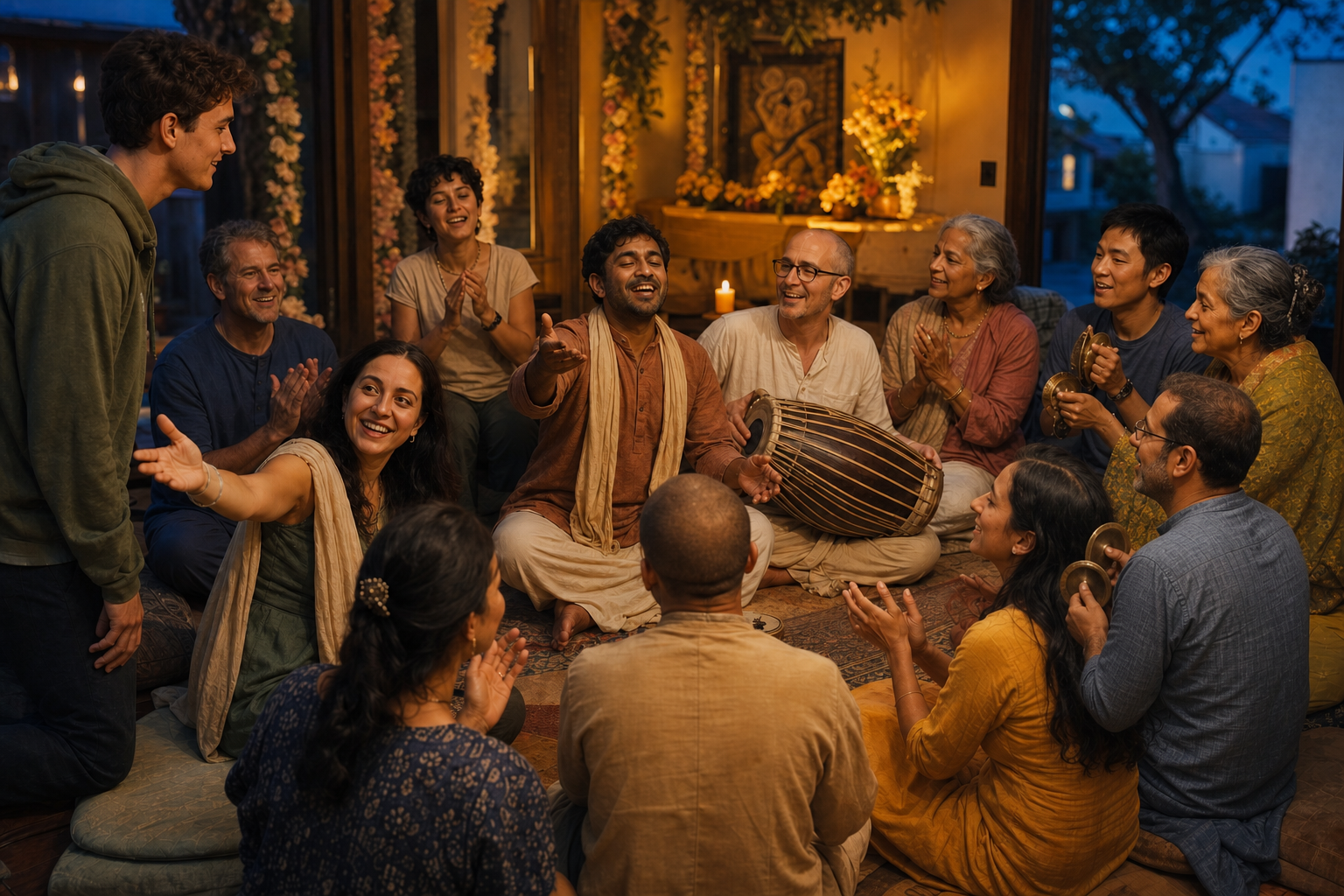 A multigenerational group sings, claps, and plays a drum and hand cymbals during an evening kirtan as a newcomer is welcomed into the circle.