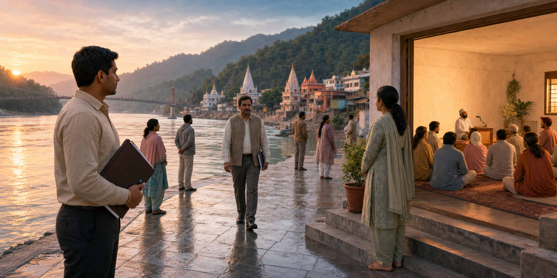 A resident holding a municipal file stands peacefully near a riverside community prayer hall in Rishikesh as an official approaches.
