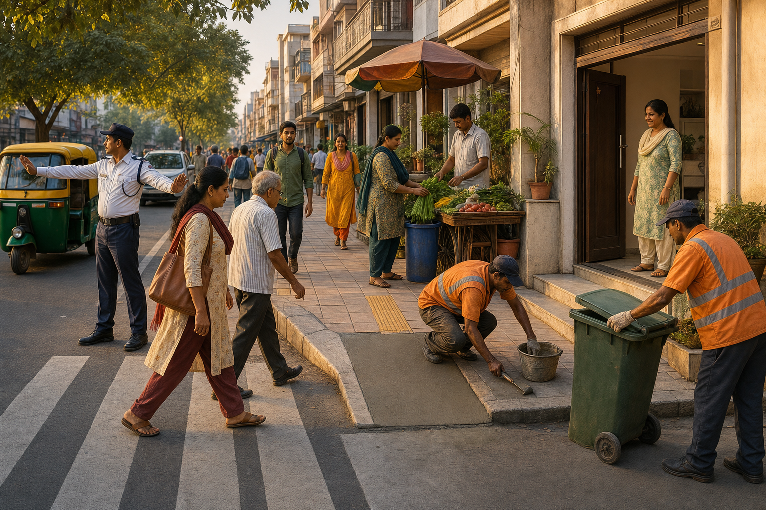 Vendors, municipal workers, an officer, property occupants, and pedestrians each maintain an orderly Indian market street and clear footpath.