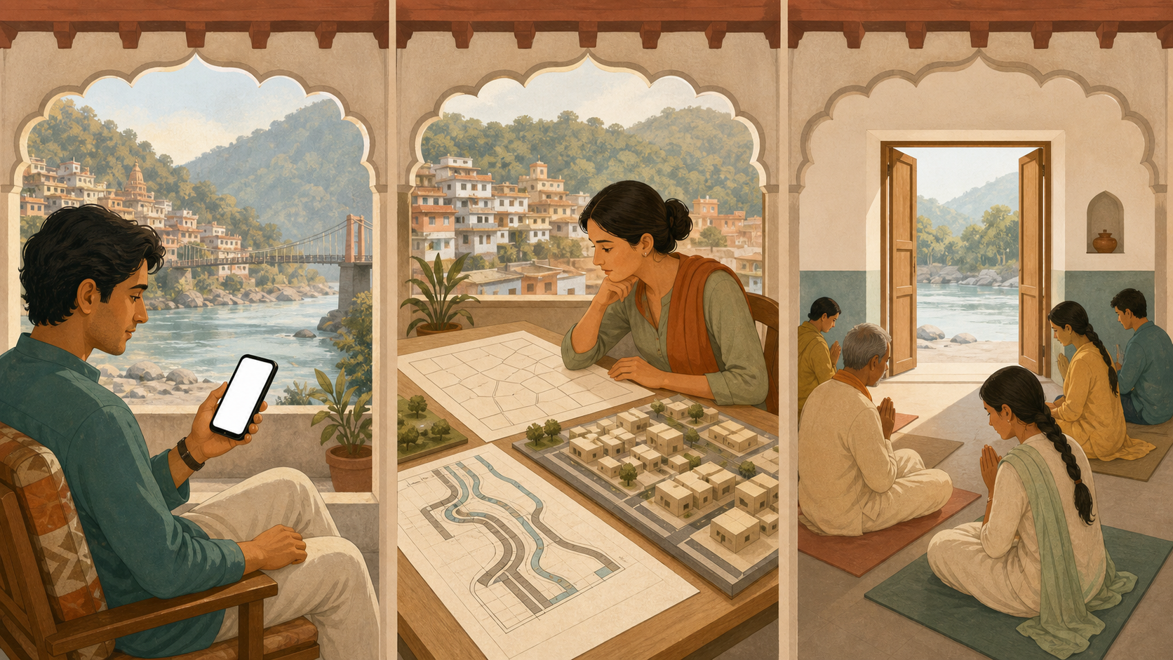 A three-part illustration shows a person checking a phone, a planner reviewing a site map, and worshippers praying undisturbed.
