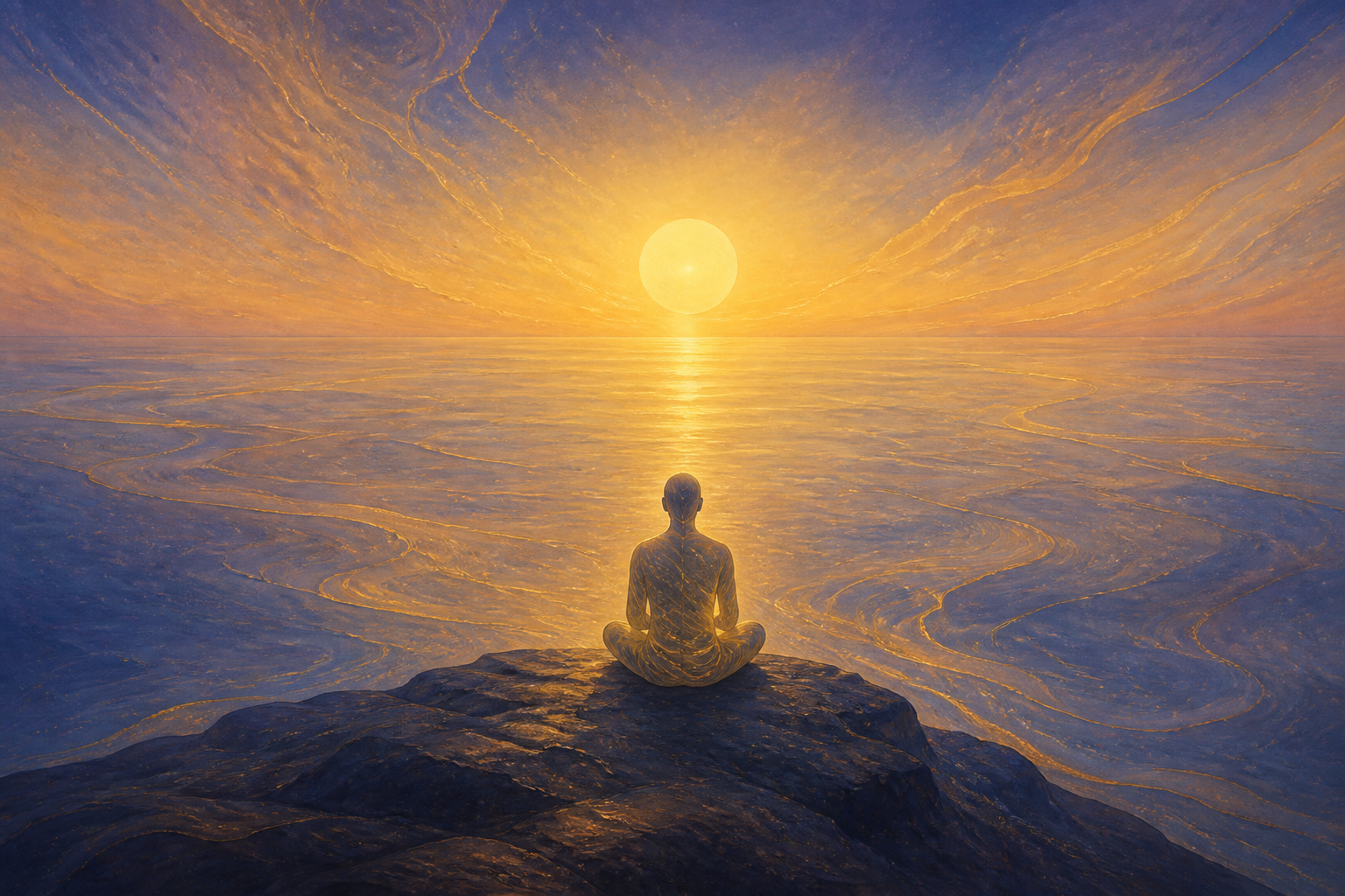 A seated figure faces a calm ocean at dawn as golden currents connect the person, water, and sky in one luminous scene.