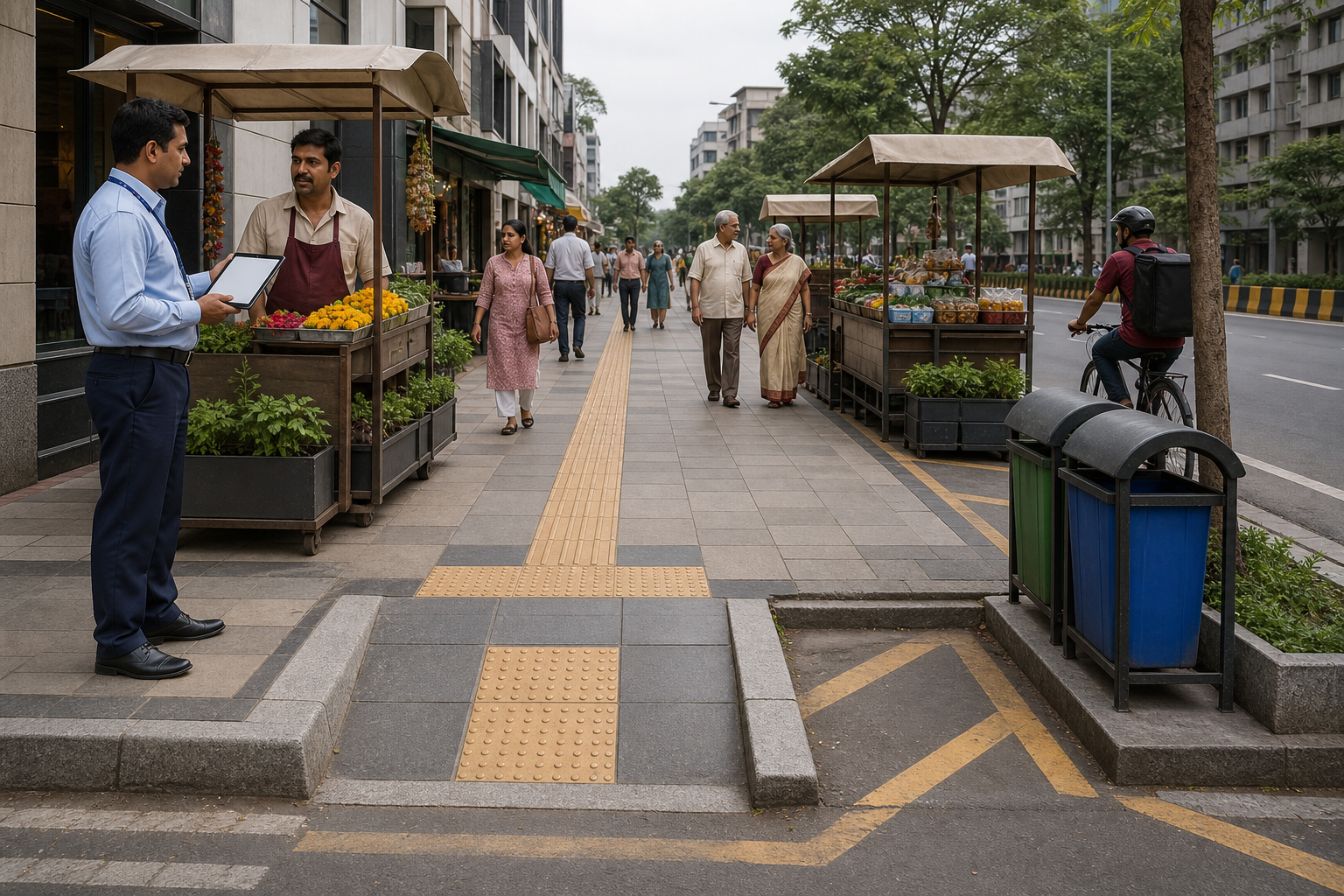 Organized vendor carts line a footpath with tactile paving, a clear walking route, a curb ramp, waste bins, and a fire-access gap.