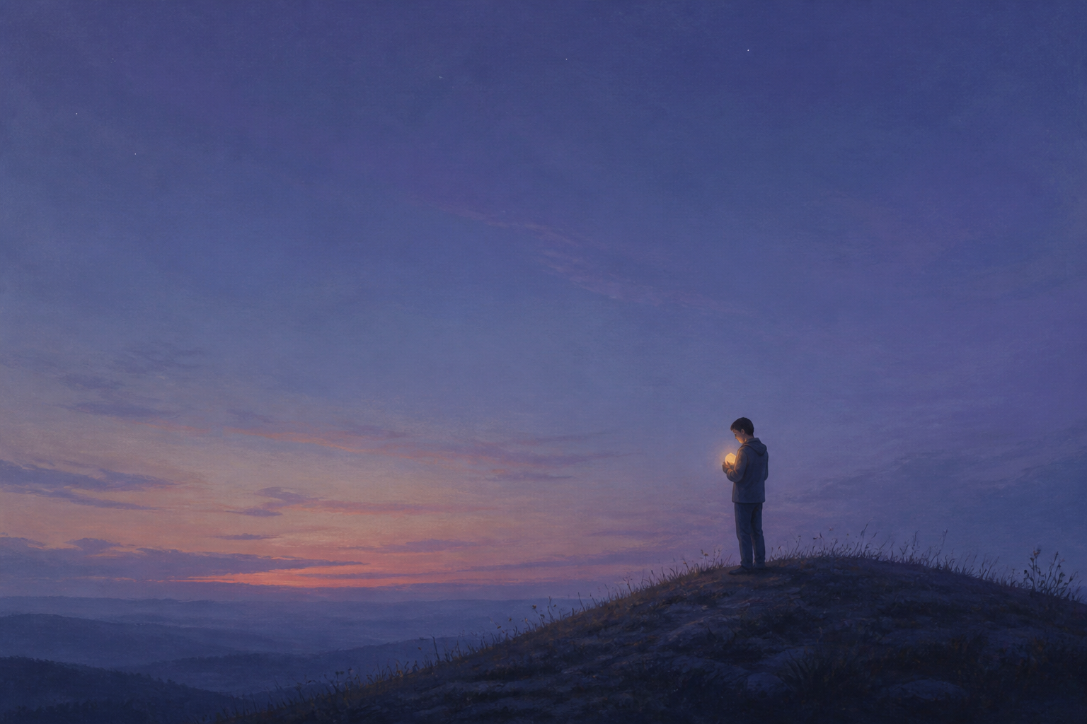 A person holds a small glowing object on a hilltop while swirling ribbons settle and a wide still sky opens behind them.