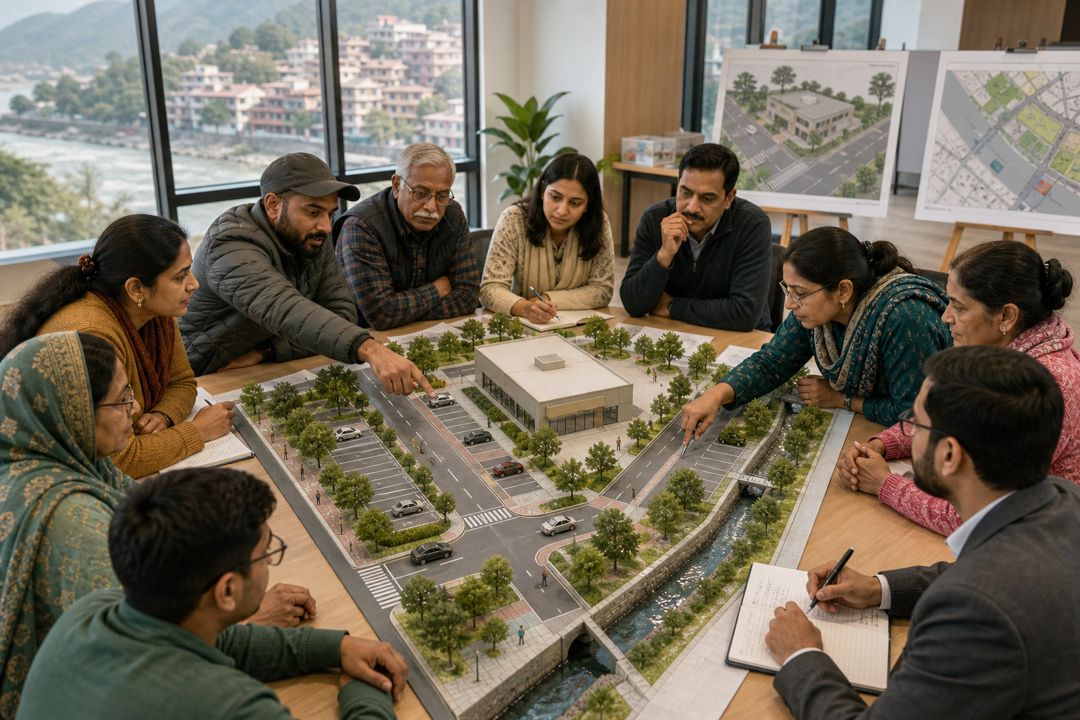 Residents and a planning officer discuss traffic, parking, pedestrian access, and drainage around a generic site model.