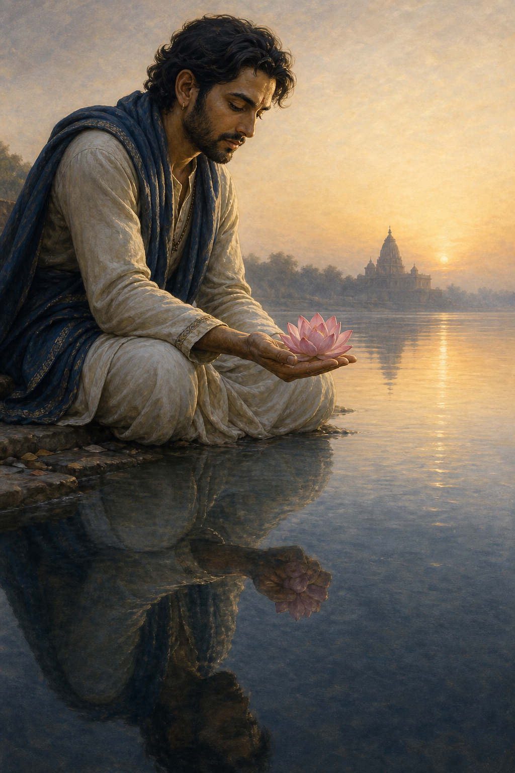 A seated seeker looks into a river where his tightly gripping reflected hand contrasts with his open hand holding a lotus above the water.