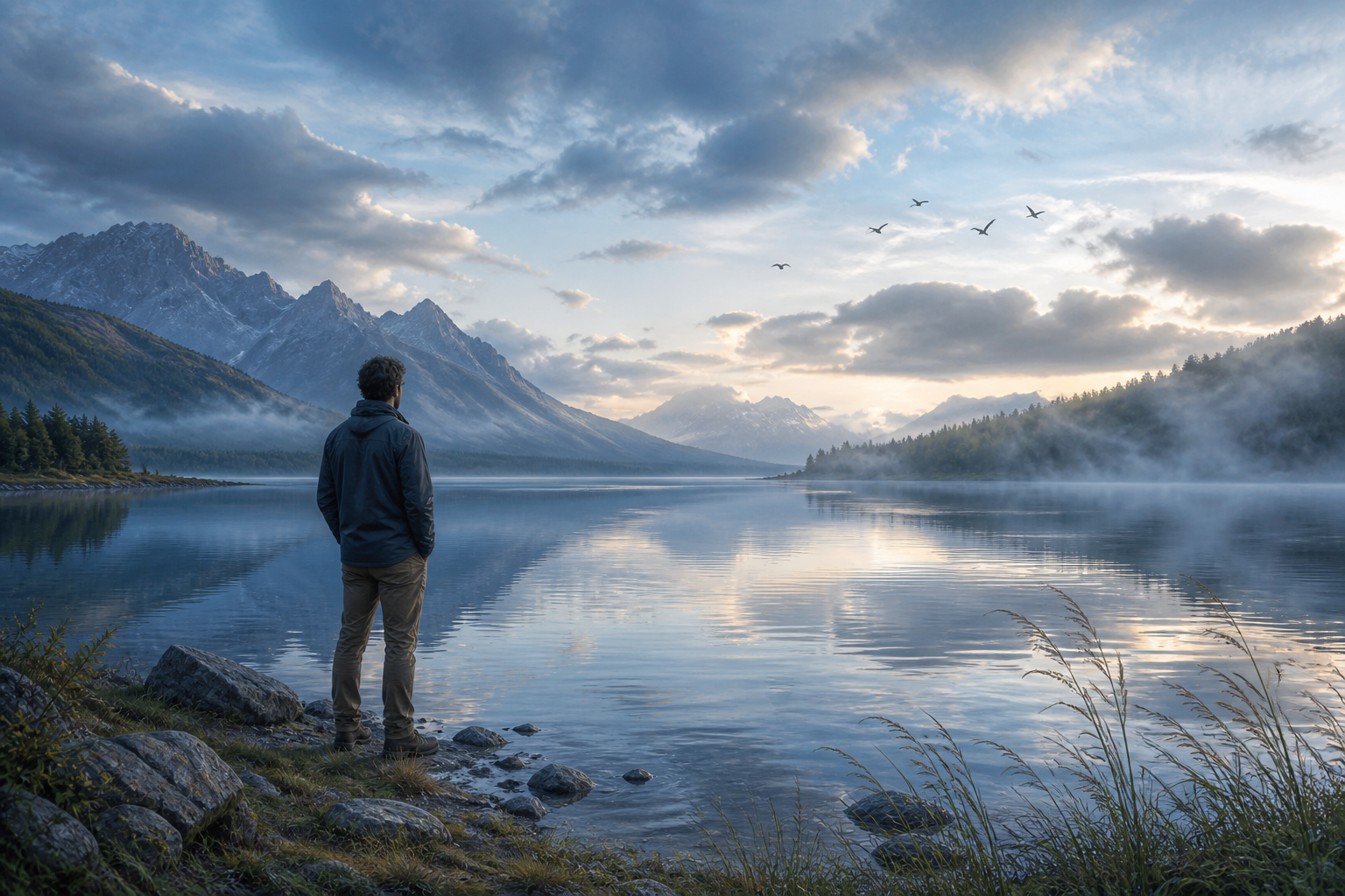 A person stands beside a still mountain lake as clouds, birds, mist, grass, and ripples move through the evenly lit landscape.