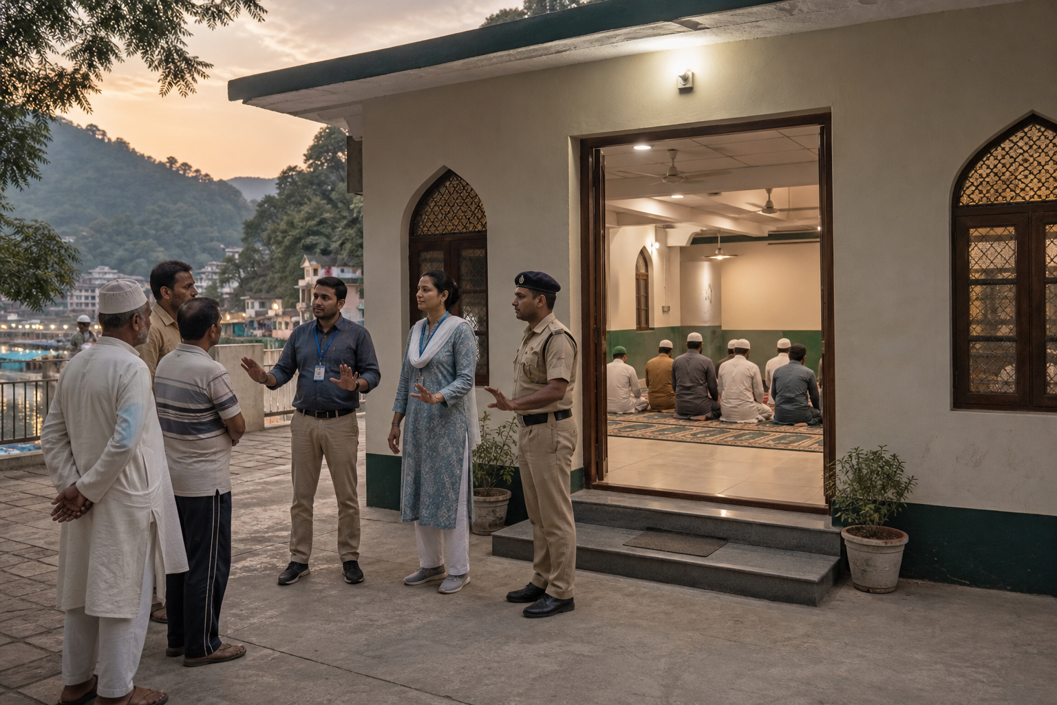 Community mediators keep a clear, calm space outside a prayer hall while Muslim worshippers continue praying inside.
