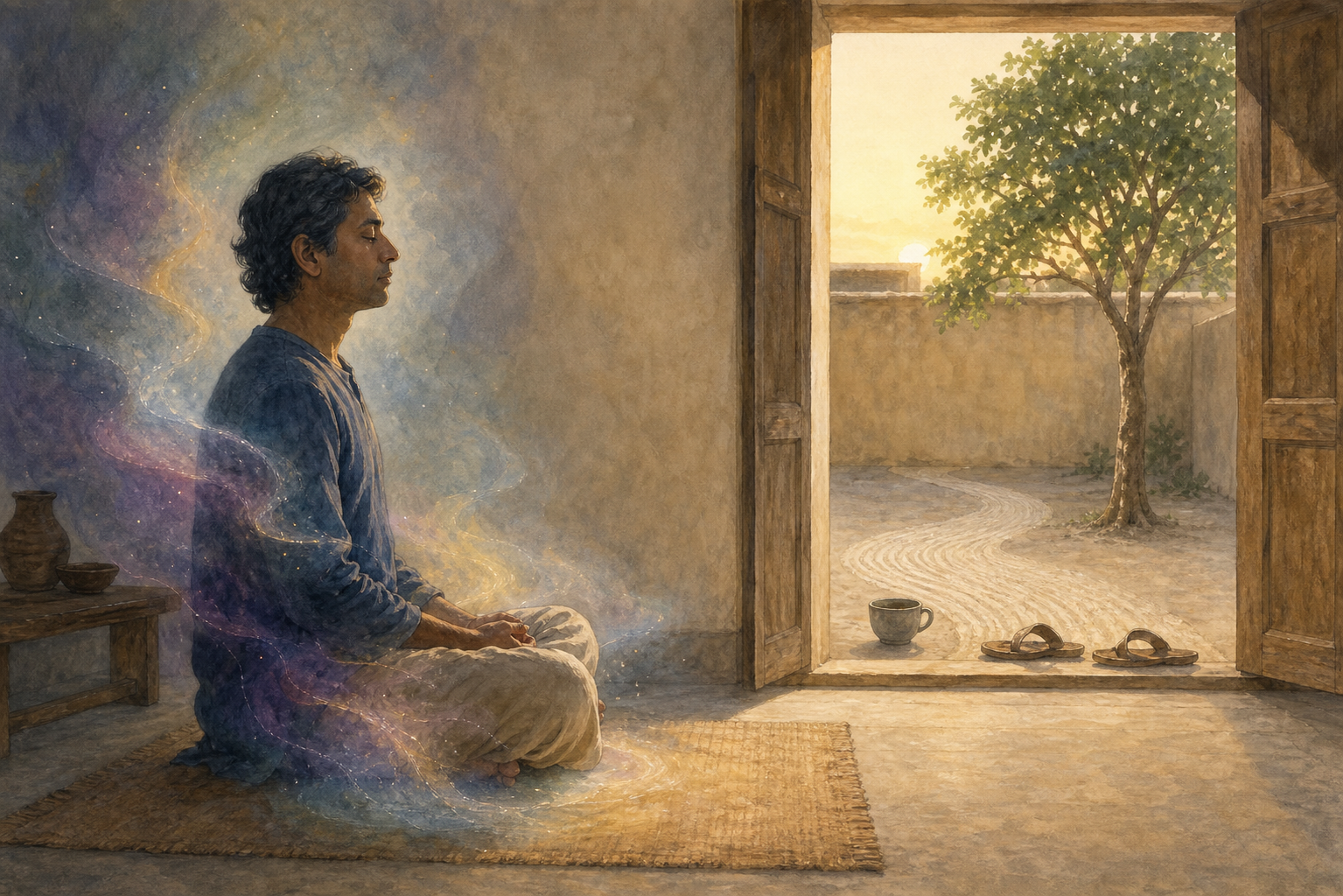 A person meditates in a simple room as colored mist fades, while steady daylight extends through a doorway into an ordinary courtyard.