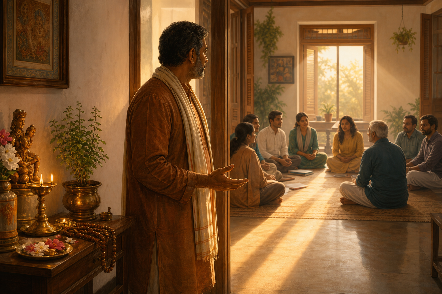 A community leader stands between a dawn prayer space and a room where several people wait in a discussion circle.