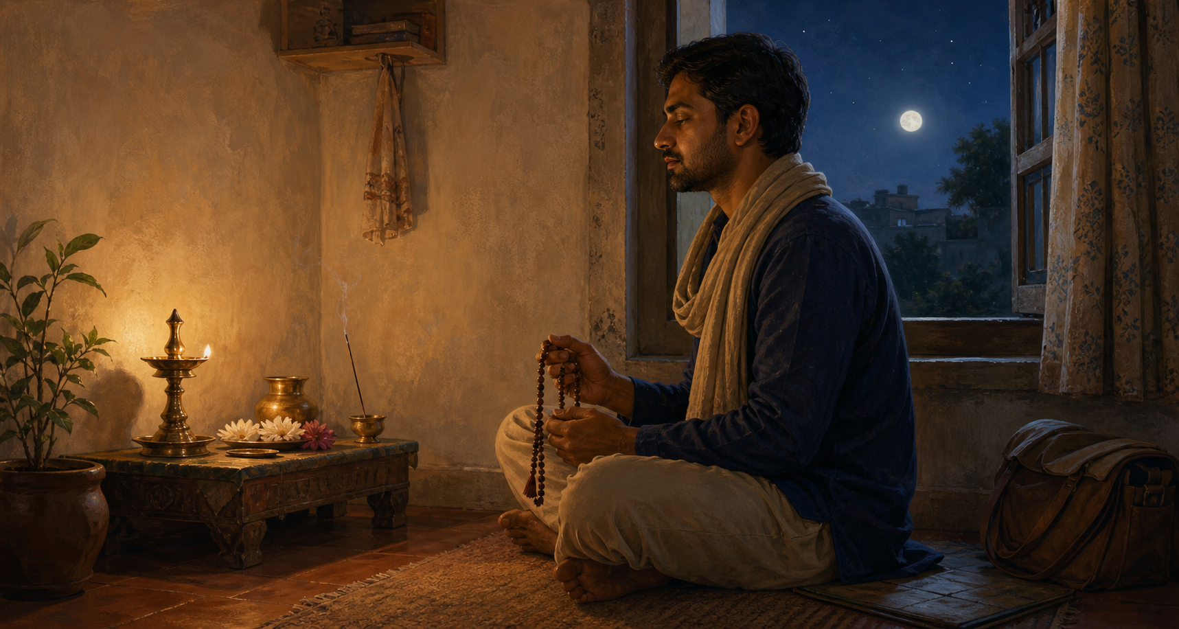 A practitioner uses prayer beads beside a small home shrine while the moon is visible through an open window.