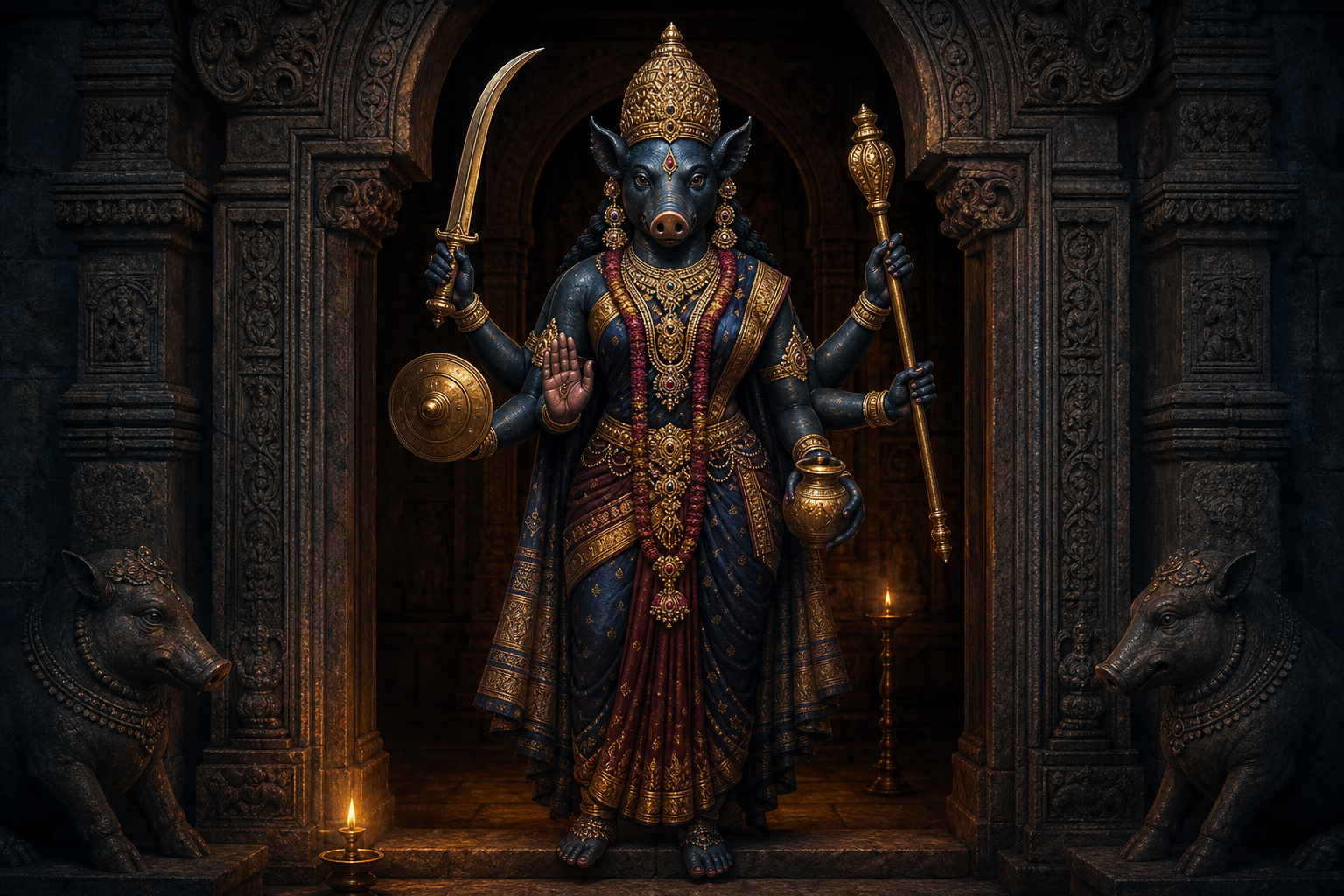 Blue-black, boar-faced goddess with multiple arms and protective implements standing in a lamplit temple doorway.