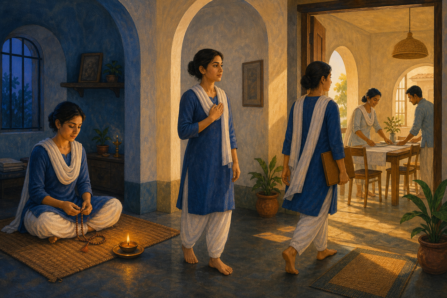 A person moves from morning prayer through a reflective pause and into a shared workspace with two colleagues.