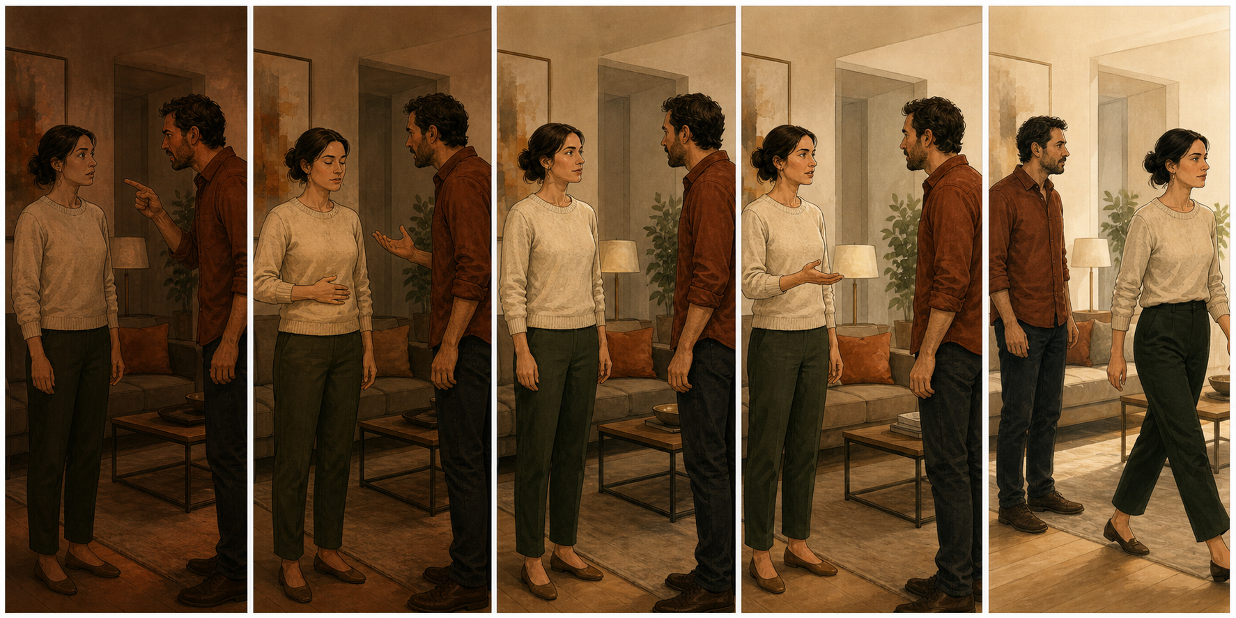 Five illustrated moments show a person pausing, breathing, observing, responding calmly, and walking away from a tense exchange.