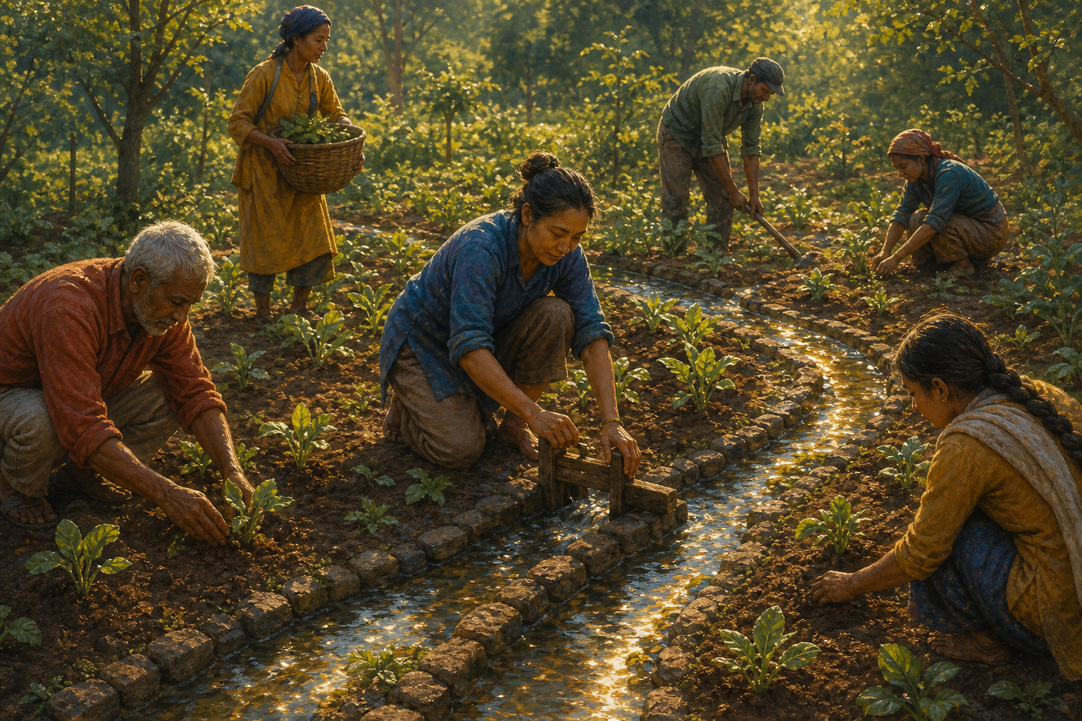 Several people cooperate in a sunlit garden, directing water channels, planting seedlings, and tending the soil together.