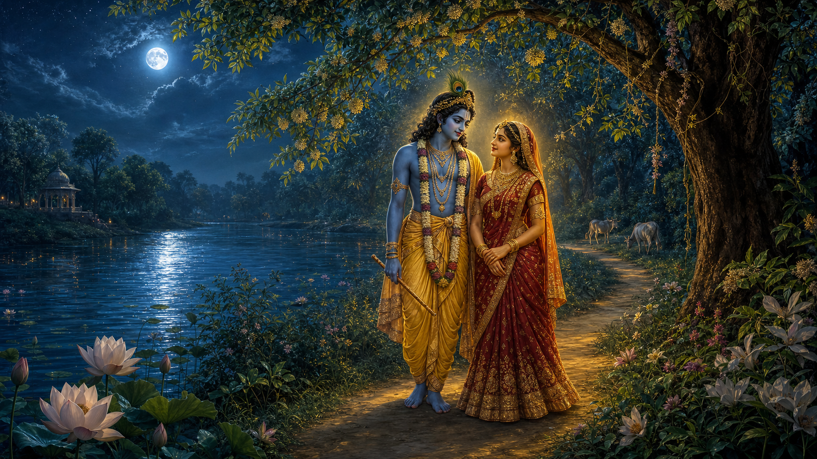 Radha and blue-skinned Krsna stand together beneath flowering trees in a moonlit Vrindavan grove beside the Yamuna River.