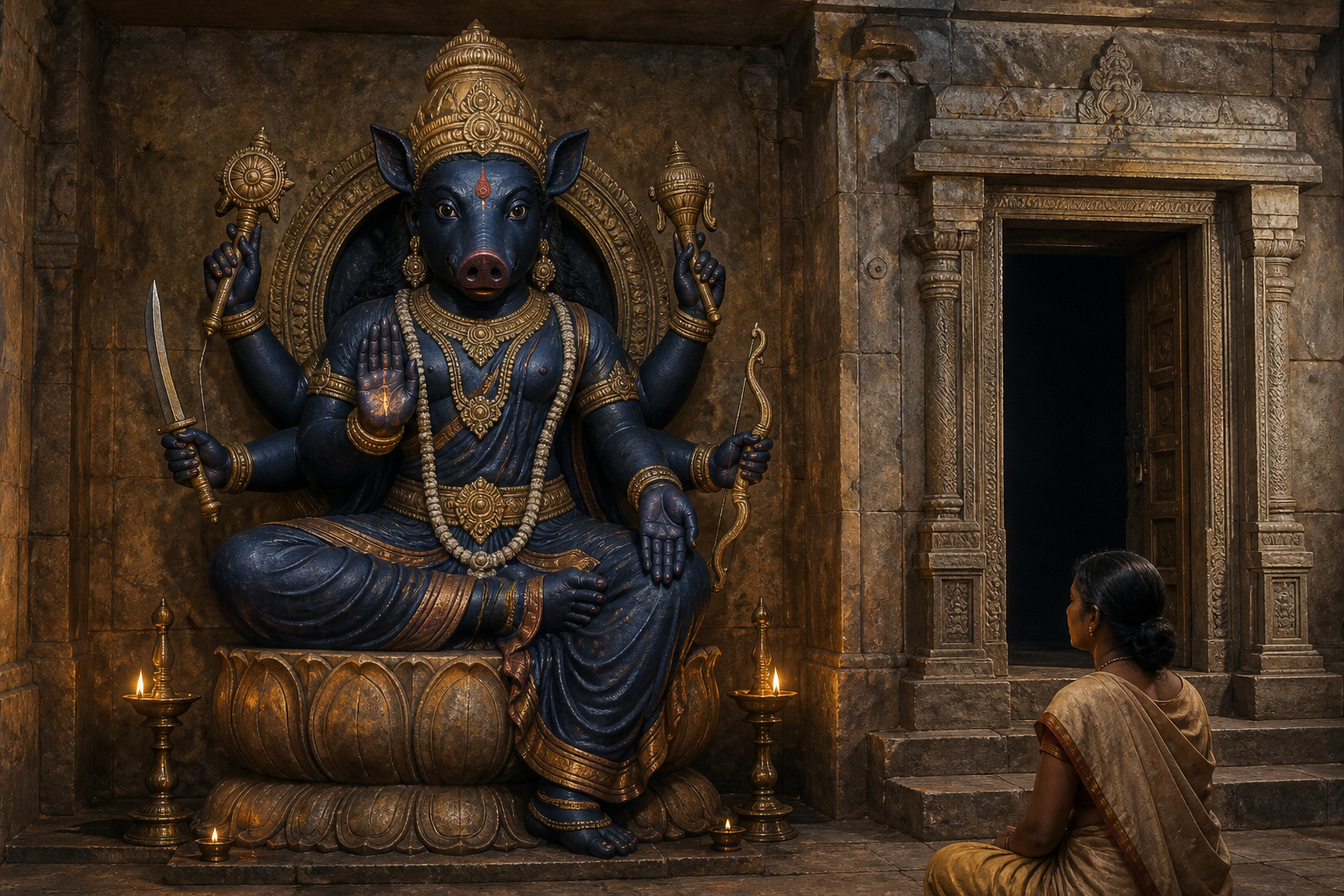 Devotee examining a blue-black, boar-associated, many-armed goddess image beside a carved temple entrance.