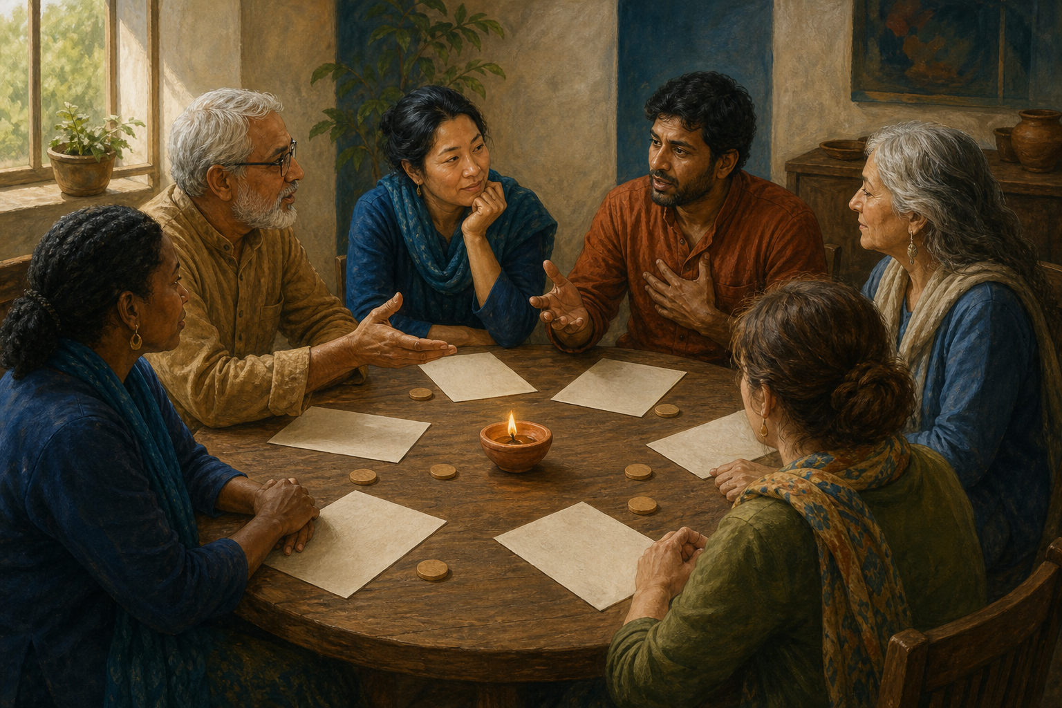 Six adults sit as equals around a circular table while a facilitator listens to a participant raising a concern.