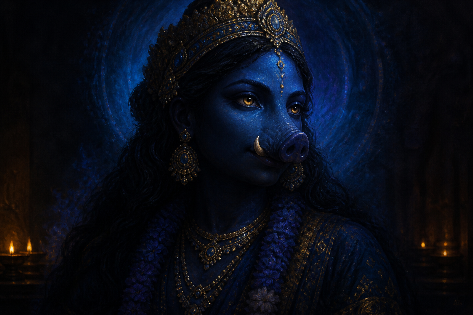 Close portrait of a serene boar-associated goddess with blue-black skin illuminated by deep indigo and warm lamp light.