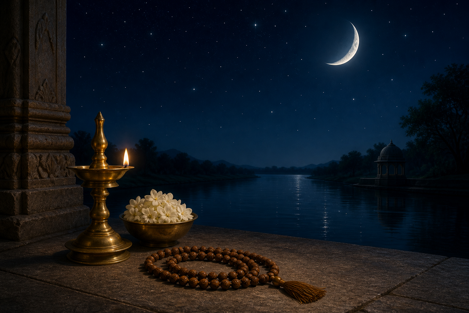 A crescent moon and stars shine above a river while a lamp, flowers, and prayer beads rest on a stone terrace.