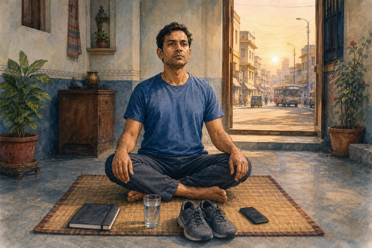 A person practices calm breathing on a woven mat at dawn beside a notebook, water glass, walking shoes, and face-down phone.