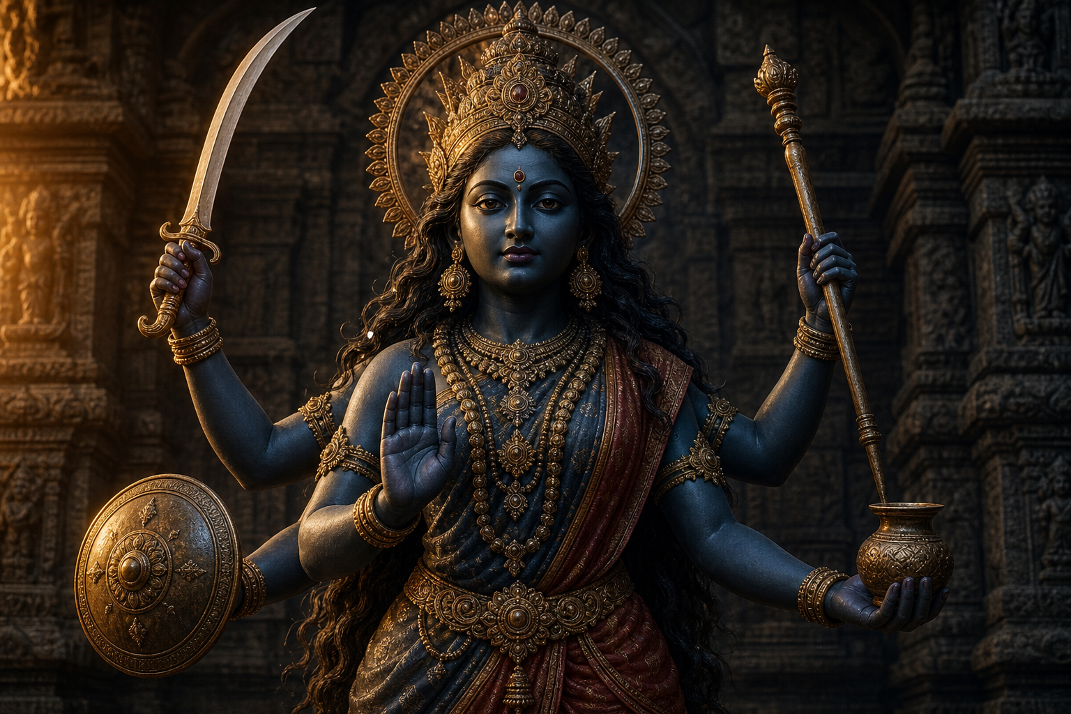 Multiple hands of a blue-black goddess holding a sword, shield, staff-like implement, and vessel beside an open reassuring palm.
