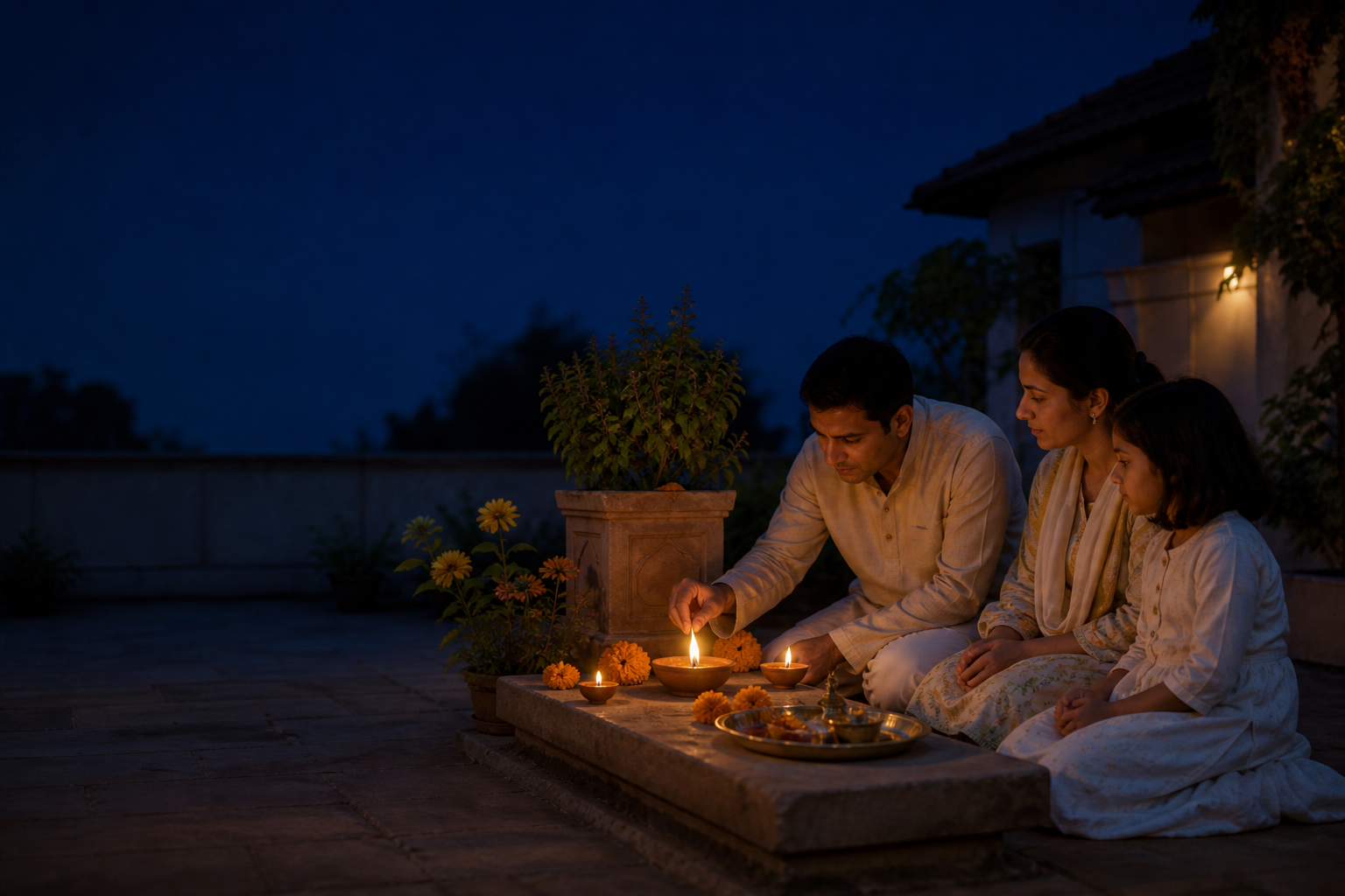 A family lights clay oil lamps beside marigold flowers and a tulsi planter in a courtyard under a dark moonless evening sky.