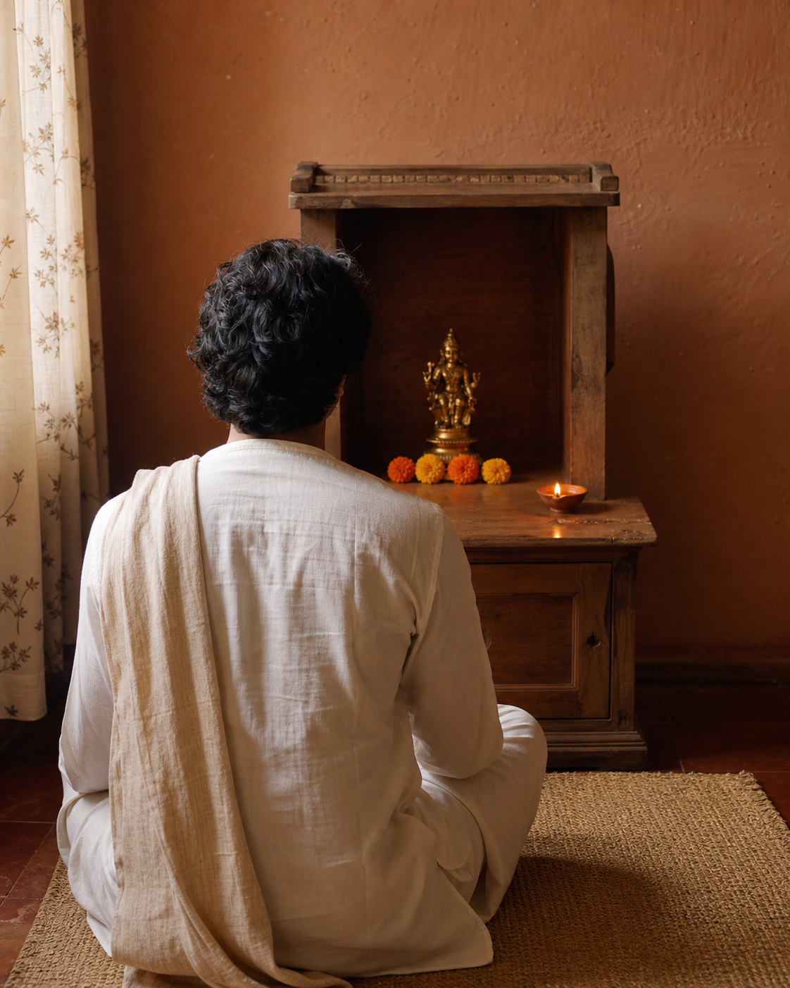 A seated devotee faces a flower-garlanded stone murti illuminated by an oil lamp inside a quiet temple sanctum.