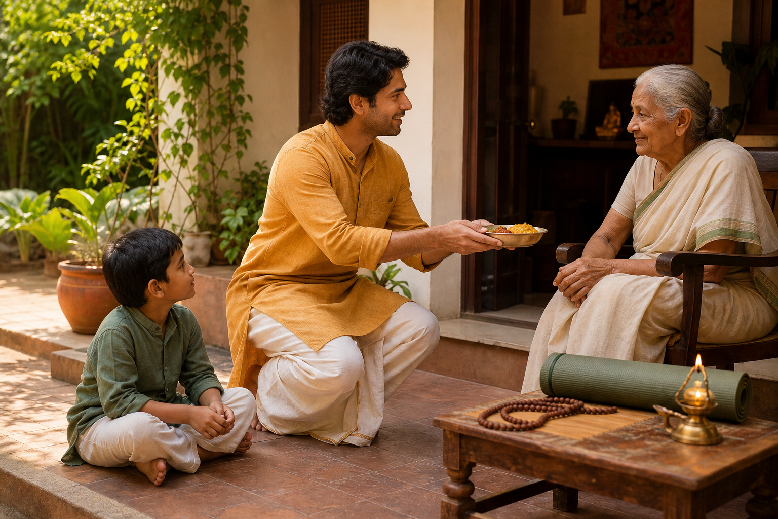 An adult offers food to an elderly family member while a child stands nearby and prayer beads rest beside a rolled meditation mat.