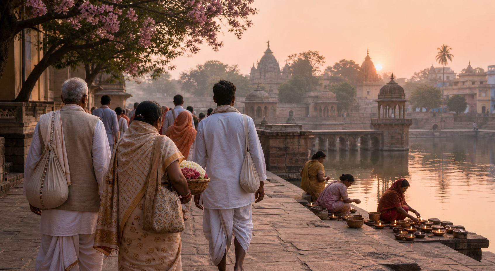 Pilgrims approach a sacred water tank and temple complex at dawn while local residents prepare lamps near the stone steps.