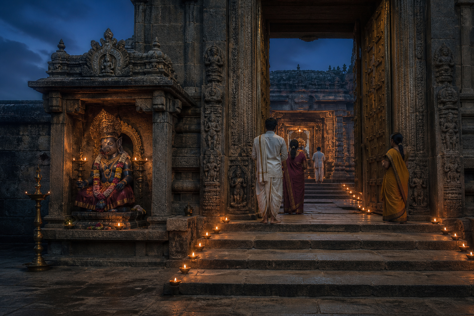 Guardian goddess shrine beside a lamplit temple entrance separating the outer courtyard from the inner sacred precinct.